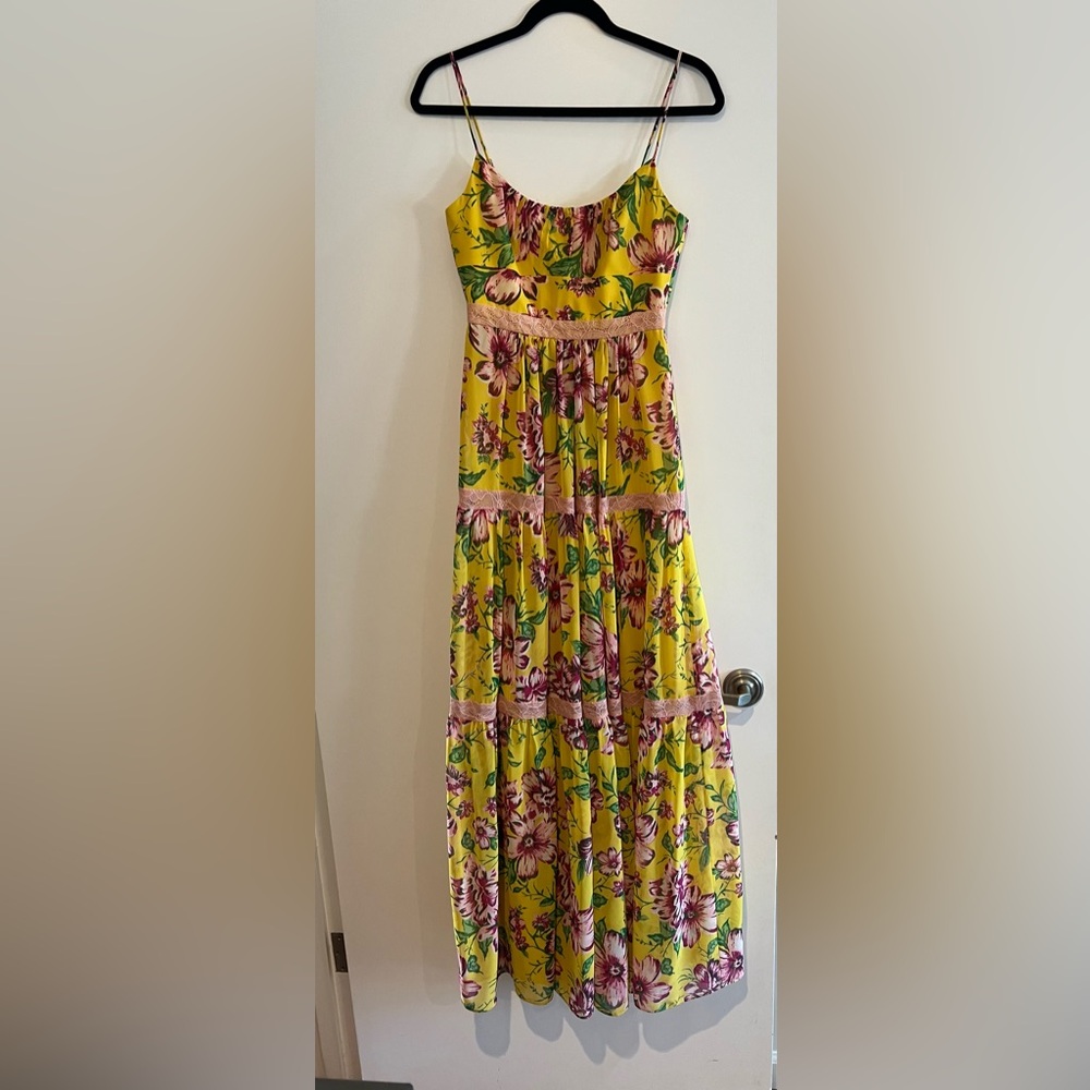 BCBGMaxAzria Yellow Floral Tiered Maxi Dress with Pink Trim